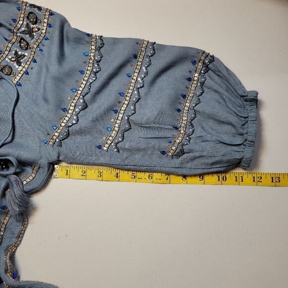 Raga Peasant Phoenix Blouse Beaded Blue Women's Size Large Viscose - Picture 12 of 12